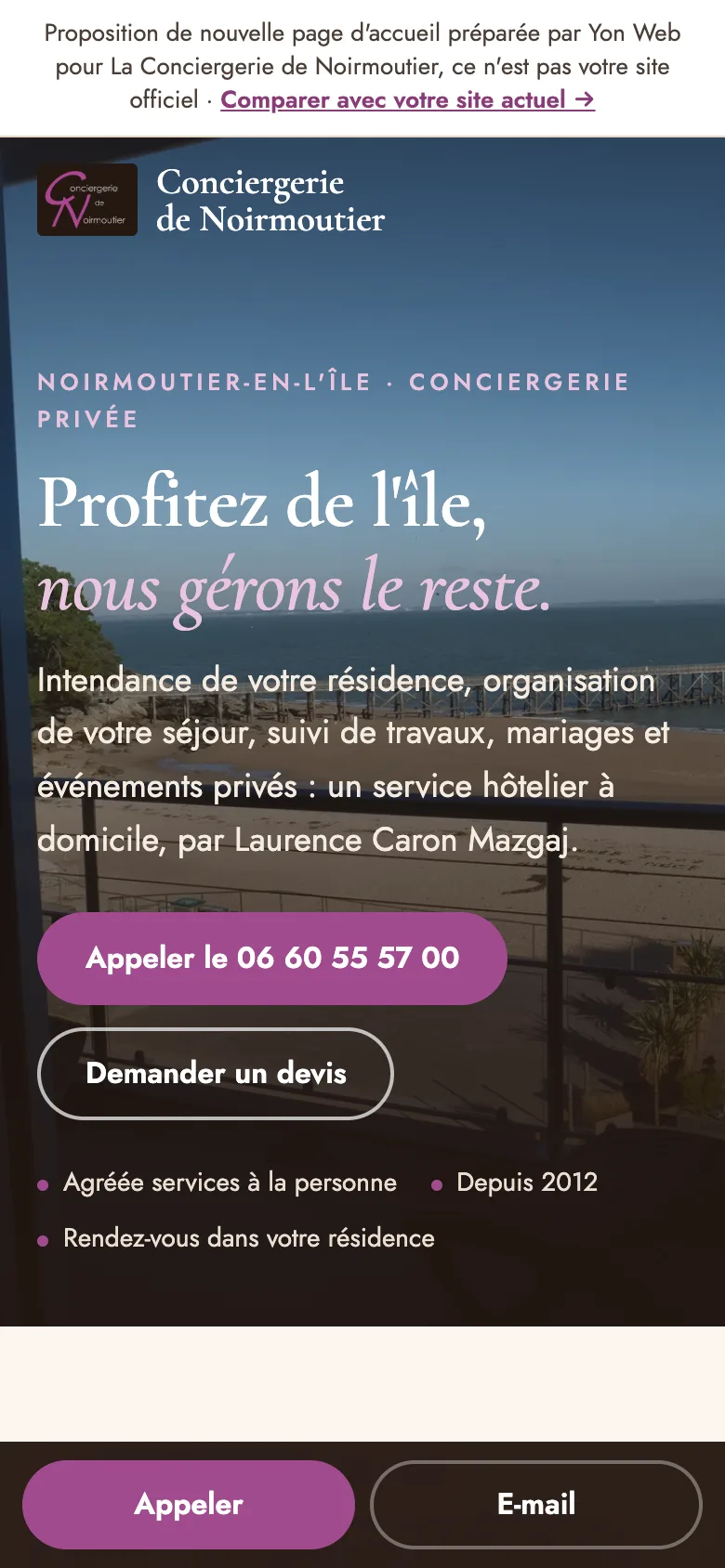 Capture de la proposition Yon Web sur un téléphone